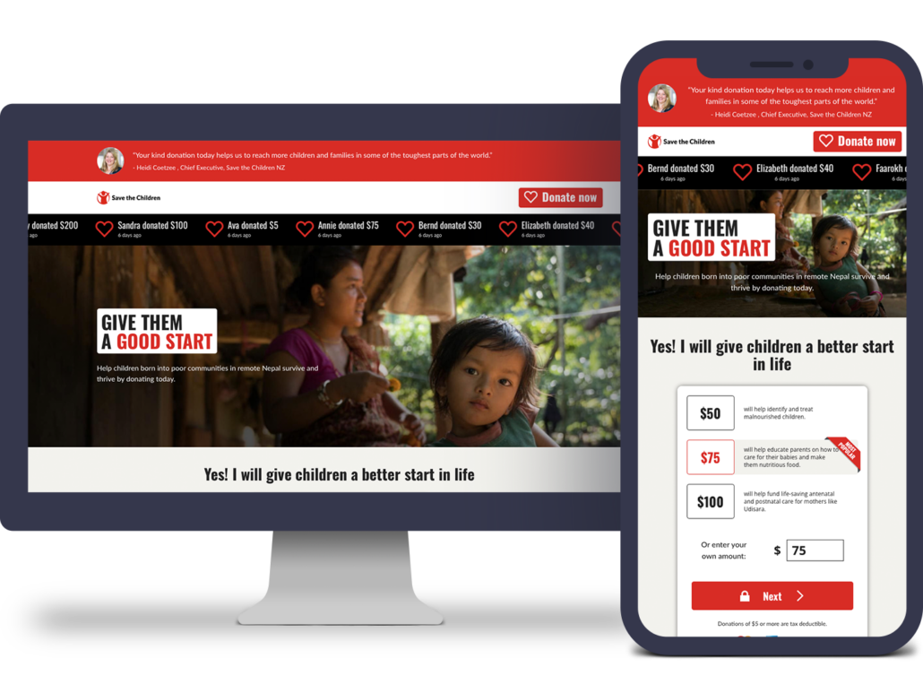 Optimised appeal landing page and donation form for Save the Children NZ